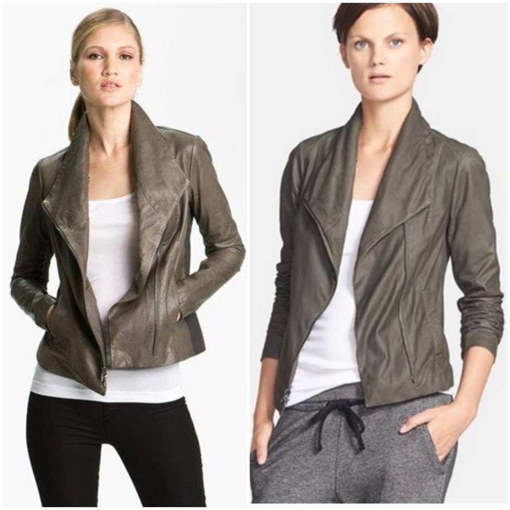 VINCE Leather Scuba Jacket Biker Lustrous Asymmetrical Minimalist Taupe Gray M - Picture 2 of 16